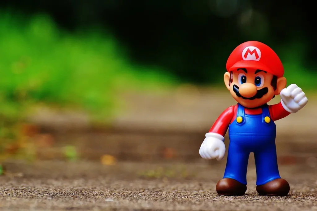 Super Mario mit hoch gestreckter Hand, als Zeichen von Stärke