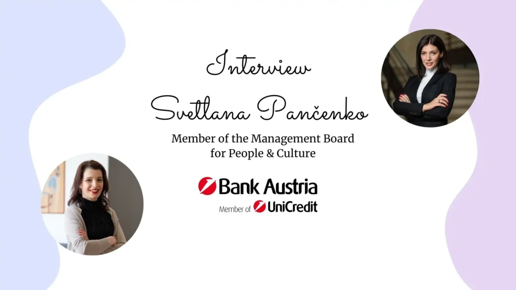 Interview-Banner mit Schriftzug ‚Interview Svetlana Pančenko – Member of the Management Board for People & Culture‘ und Logo von Bank Austria