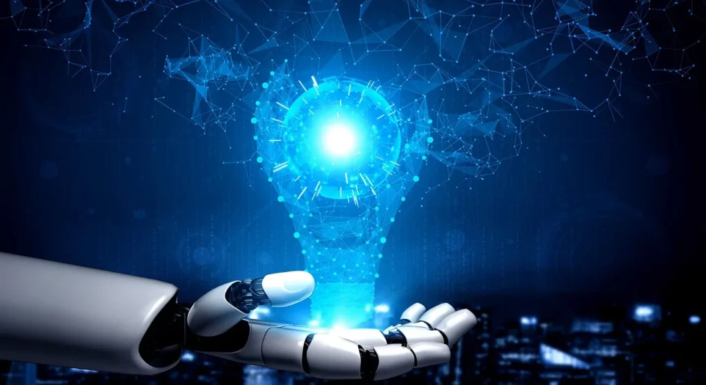 Roboterhand hält leuchtende Glühbirne als Symbol für künstliche Intelligenz und Innovation