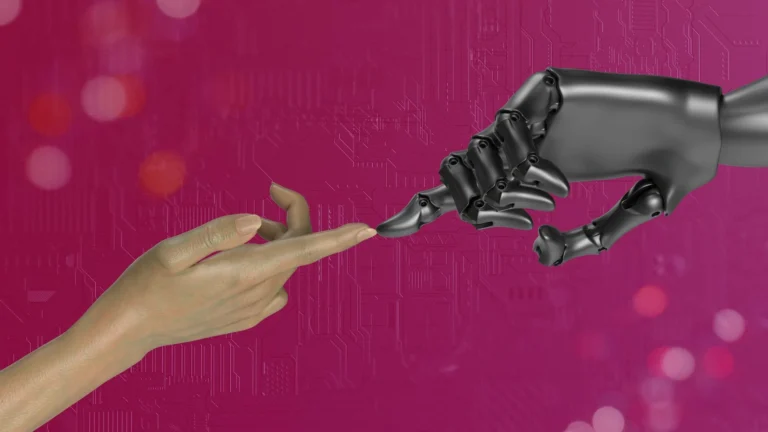 Symbolische Darstellung von Mensch und Roboterhand, die sich berühren – KI und menschliche Zusammenarbeit